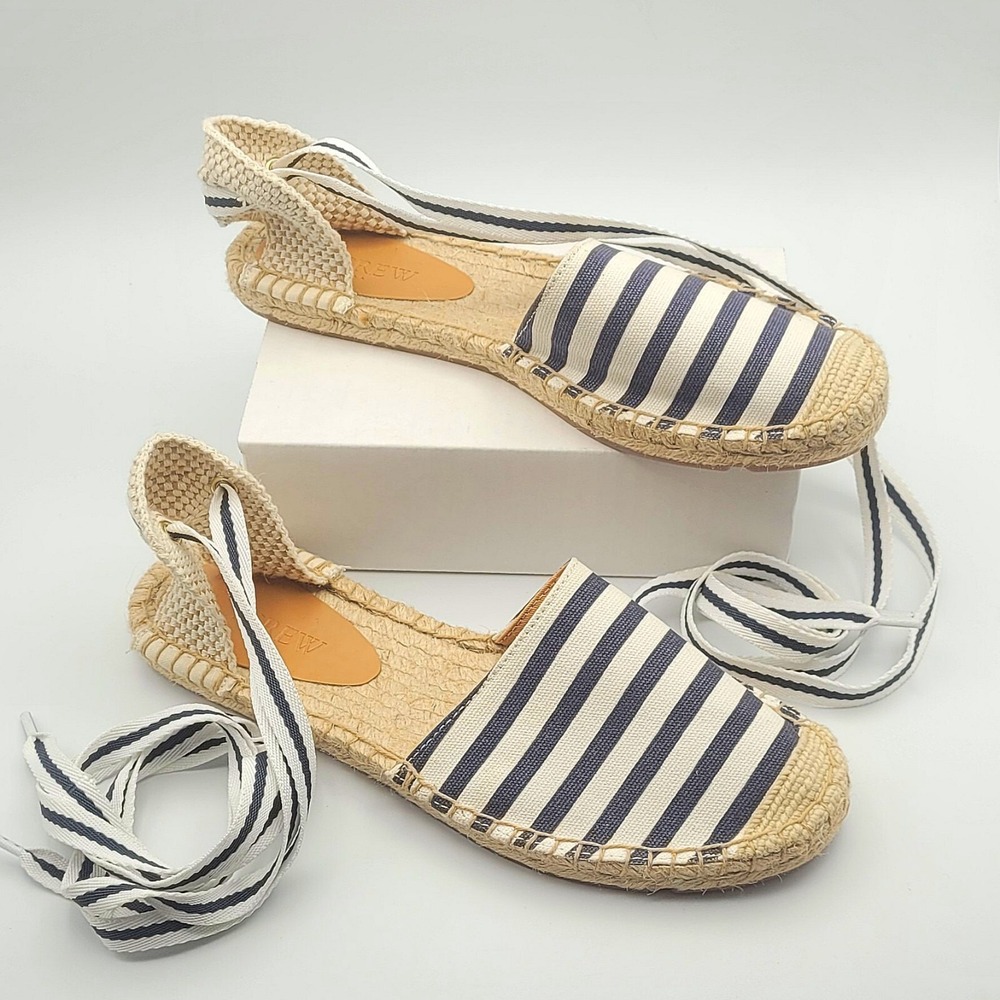 J Crew Ladies Blue Stripe Sandals Jute Strappy Tie Slip on Shoes Sz 7